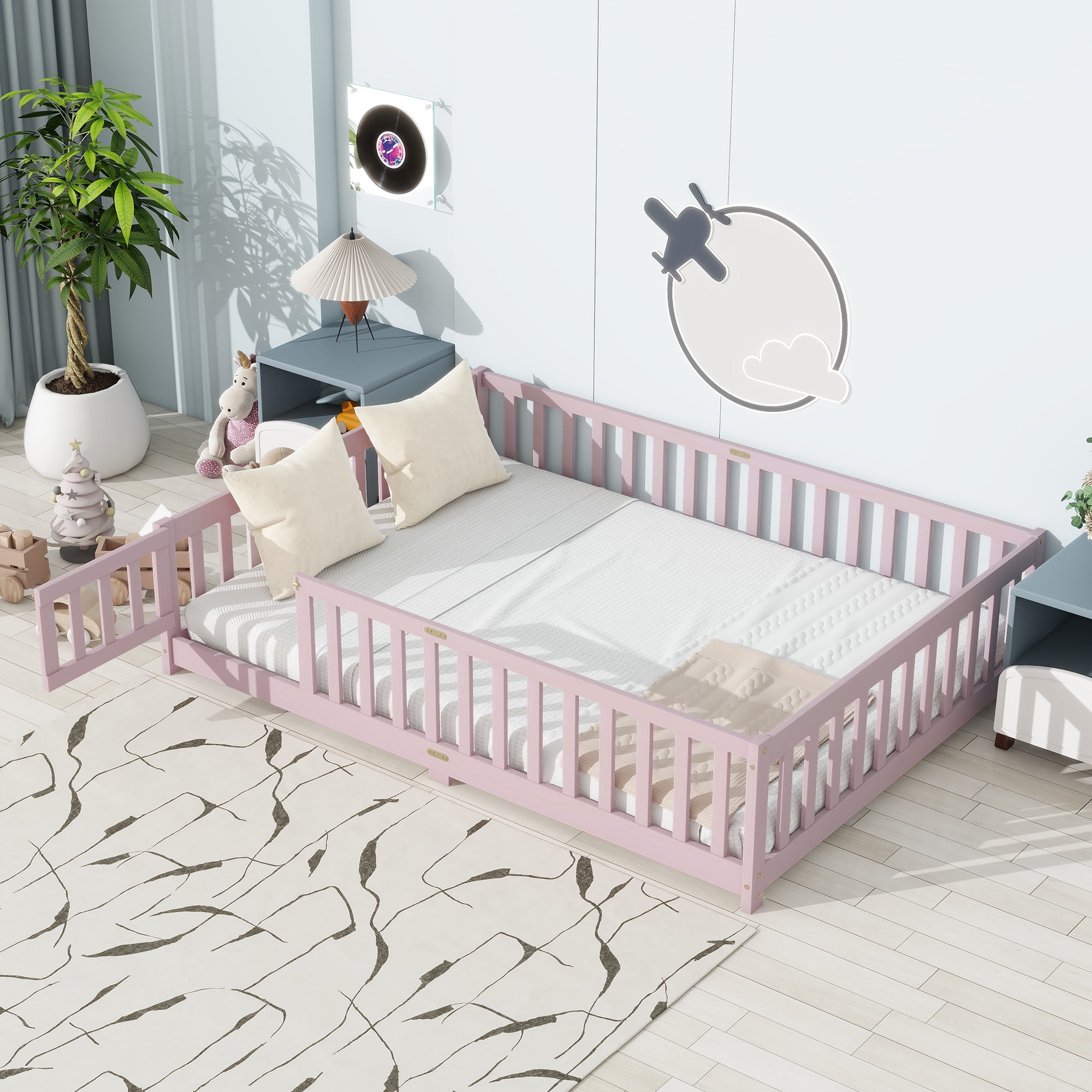 Miniyam Full Size Floor Bed with Guardrails and Door for Kids, Pink