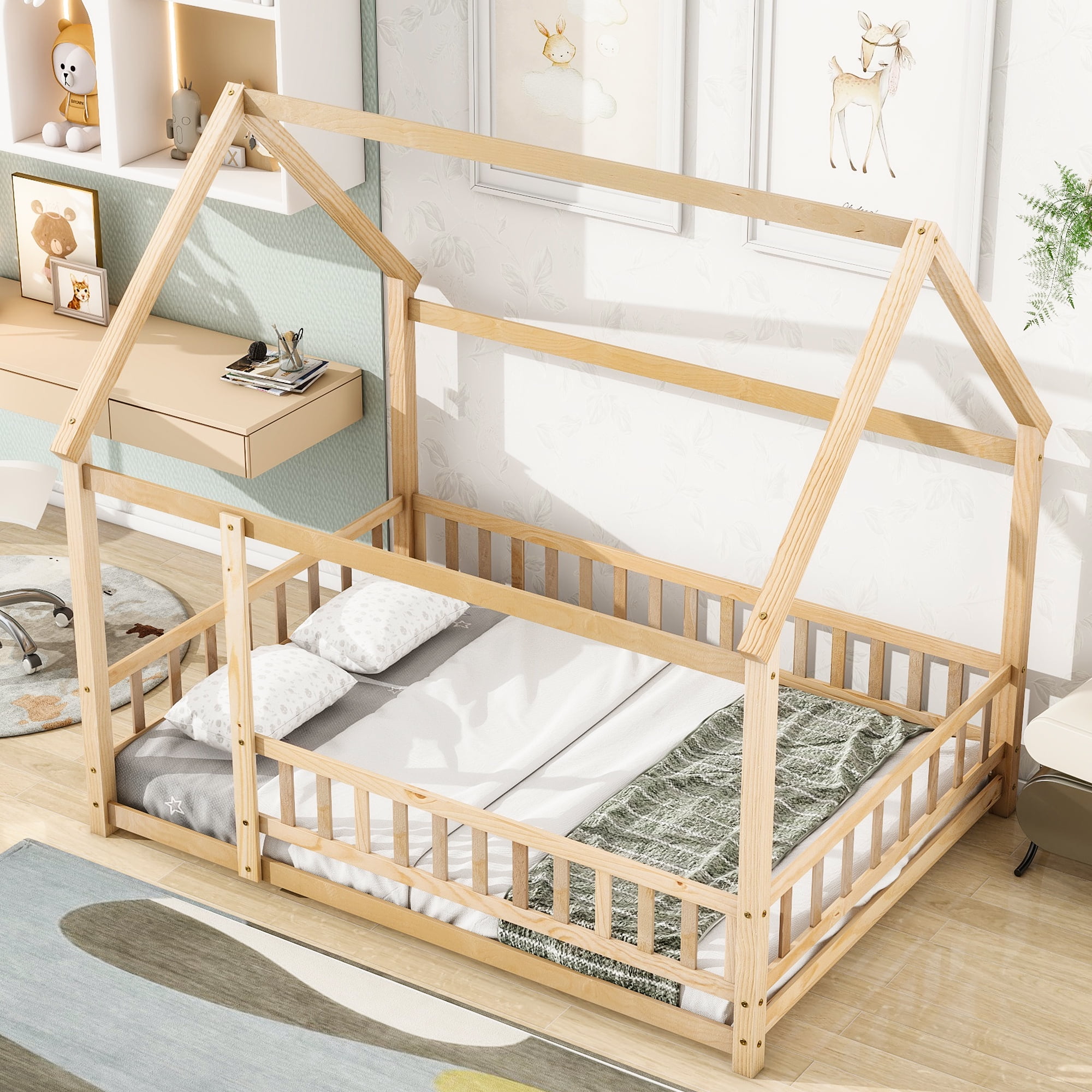 Miniyam Full Size Floor Bed with House Roof & Fence for Toddler, Natural
