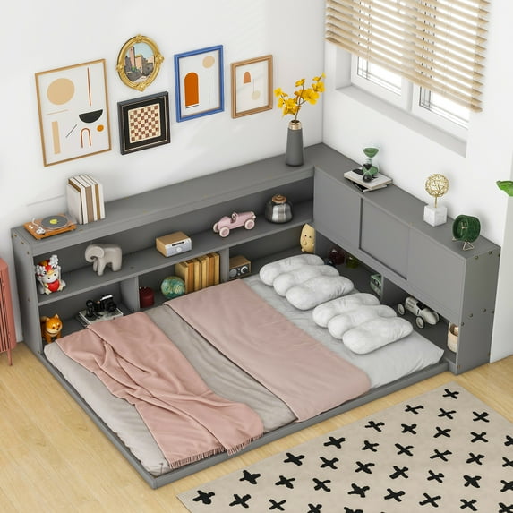 Miniyam Full Size Floor Bed with L-shaped Bookcases for Kids and Teens, Gray