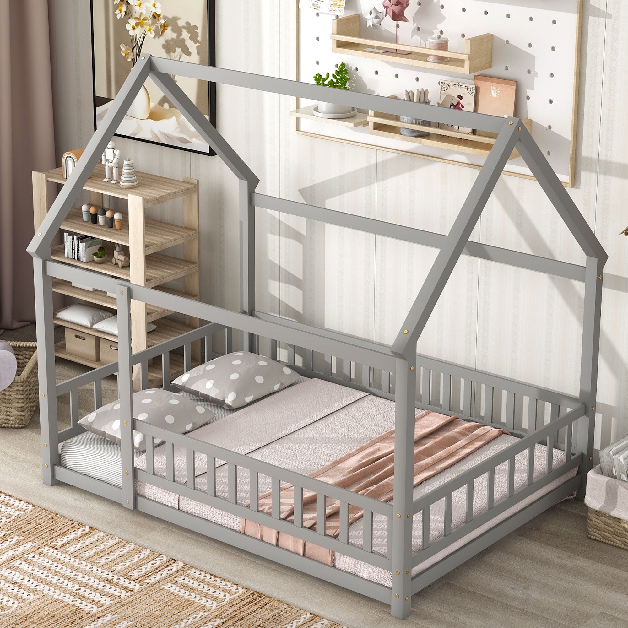 Miniyam Full Size Floor Bed with Rail for Toddler, House-Shaped Desing, Gray