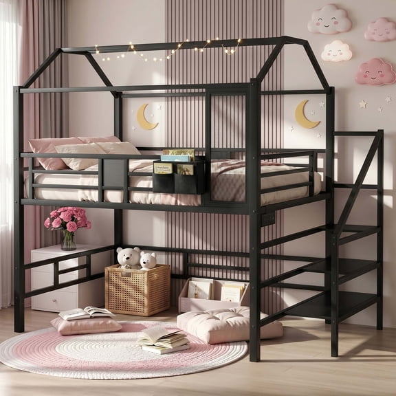 Miniyam Full Size House Low Loft Bed Frame with Stairs, Charging Station and Storage Bag, Black