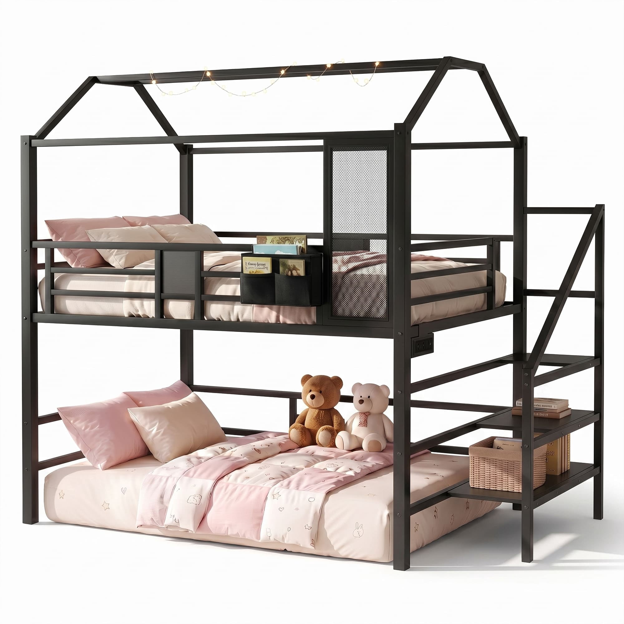 Miniyam Full Size Bunk Bed with Stairs, House Bed Design with Charging Station and Storage Bag Led Light, Black