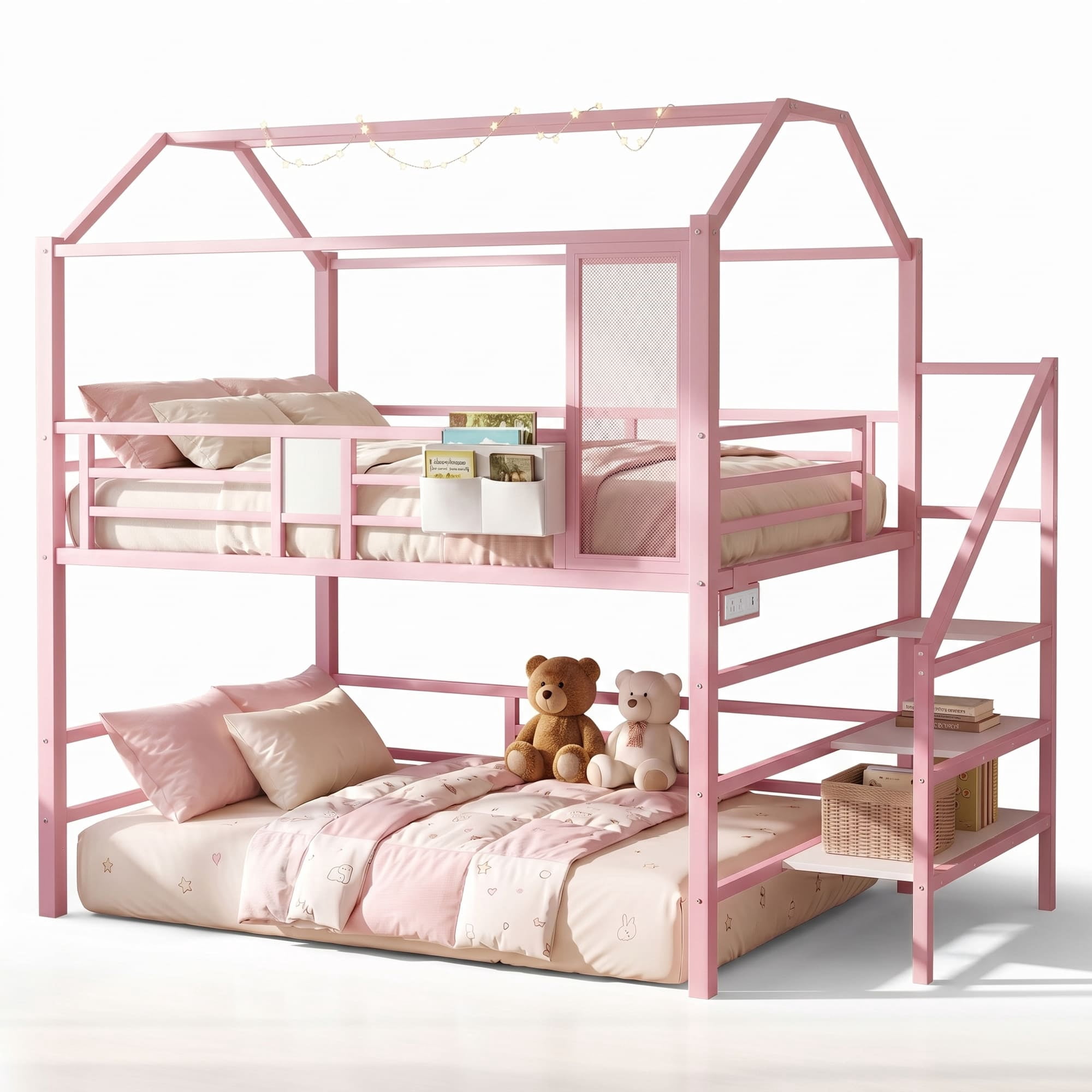 Miniyam Full Size Bunk Bed with Stairs, House Bed Design with Charging Station and Storage Bag Led Light, Pink