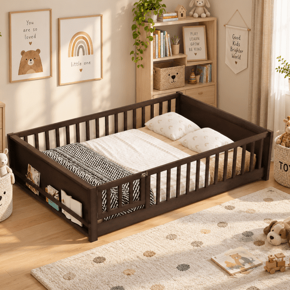 Miniyam Full Size Kids Floor Bed with Guardrails, Door and Book Storage, Espresso
