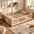 thumbnail image 1 of Miniyam Full Size Kids Floor Bed with Guardrails, Door and Book Storage, Natural, 1 of 7