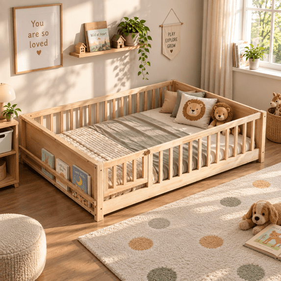 Miniyam Full Size Kids Floor Bed with Guardrails, Door and Book Storage, Natural