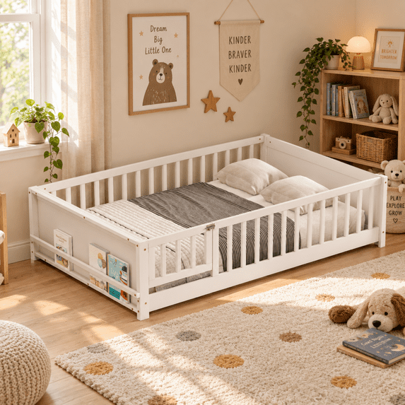 Miniyam Full Size Kids Floor Bed with Guardrails, Door and Book Storage, White