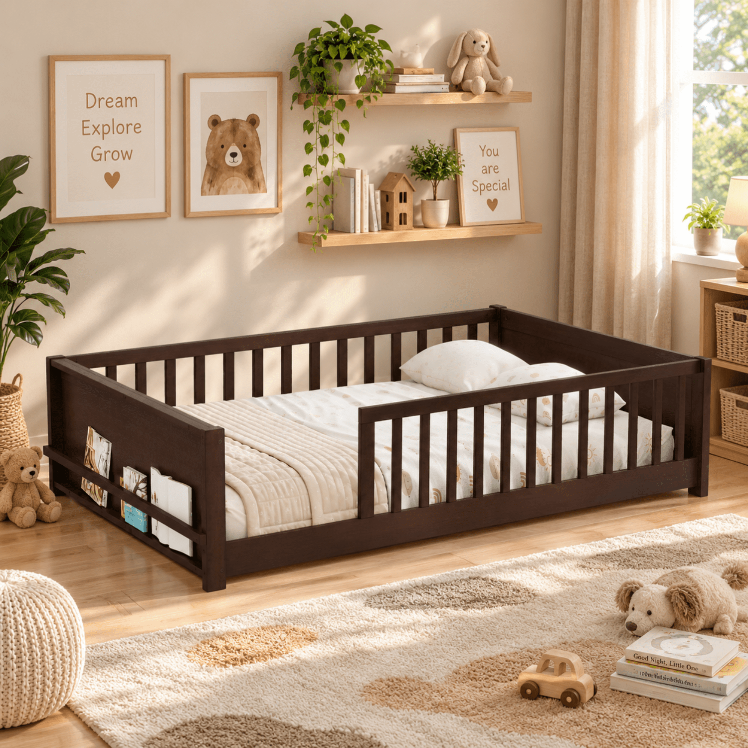 Miniyam Full Size Kids Floor Bed with Guardrails and Bookshelf, Wooden Low Profile Bed, Espresso