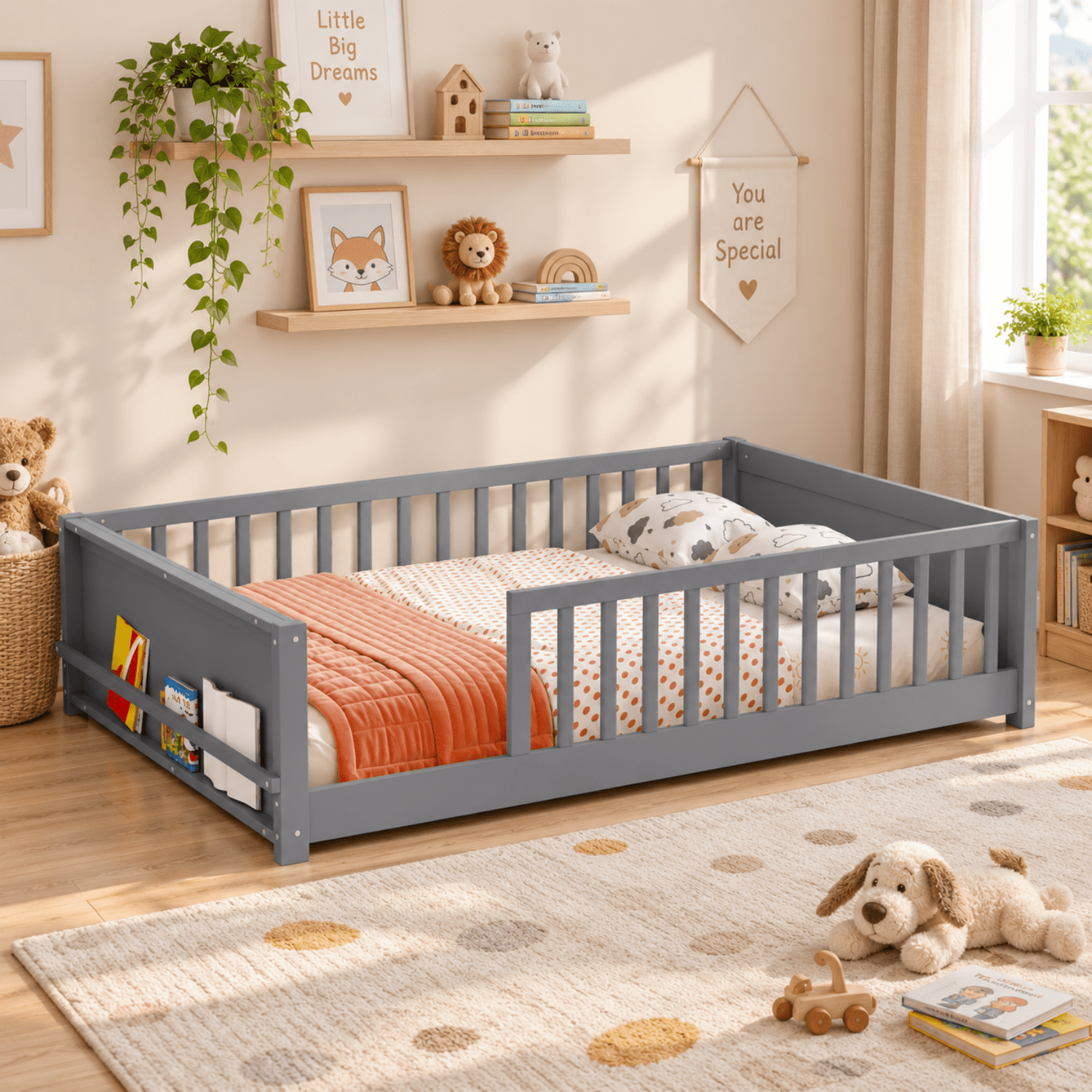 Miniyam Full Size Kids Floor Bed with Guardrails and Bookshelf, Wooden Low Profile Bed, Gray
