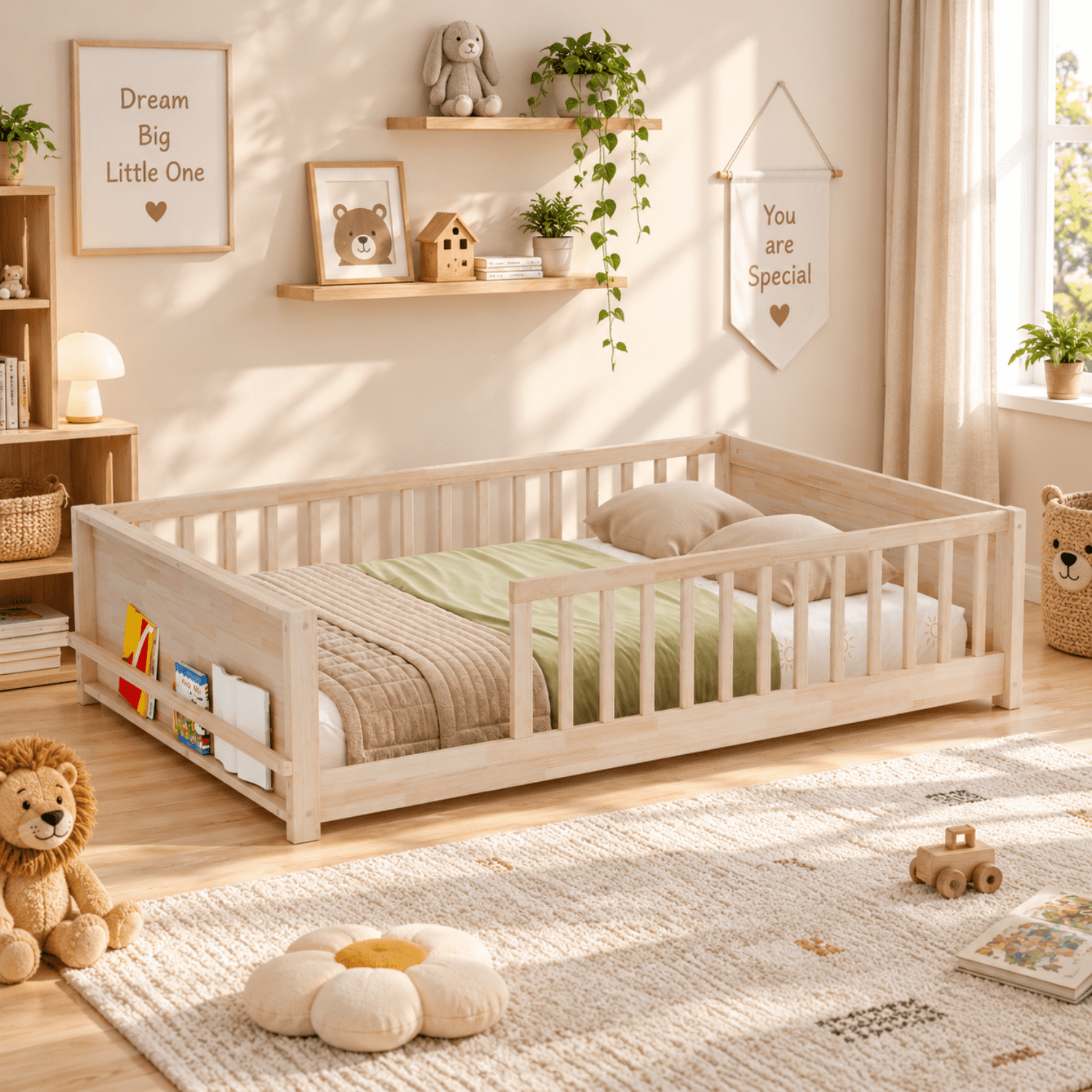 Miniyam Full Size Kids Floor Bed with Guardrails and Bookshelf, Wooden Low Profile Bed, Natural