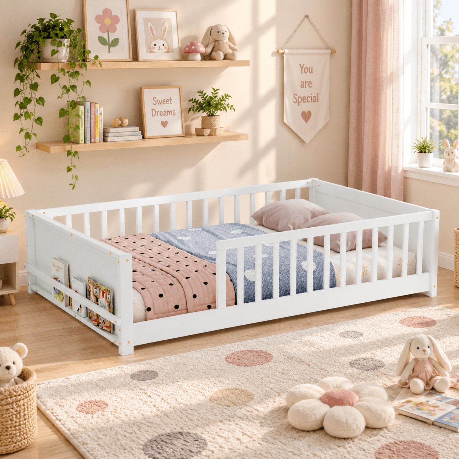 Miniyam Full Size Kids Floor Bed with Guardrails and Bookshelf, Wooden Low Profile Bed, White