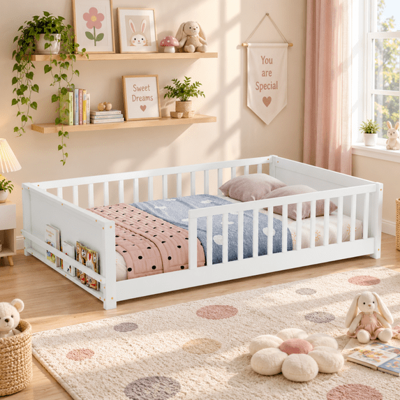Miniyam Full Size Kids Floor Bed with Guardrails and Bookshelf, Wooden Low Profile Bed, White