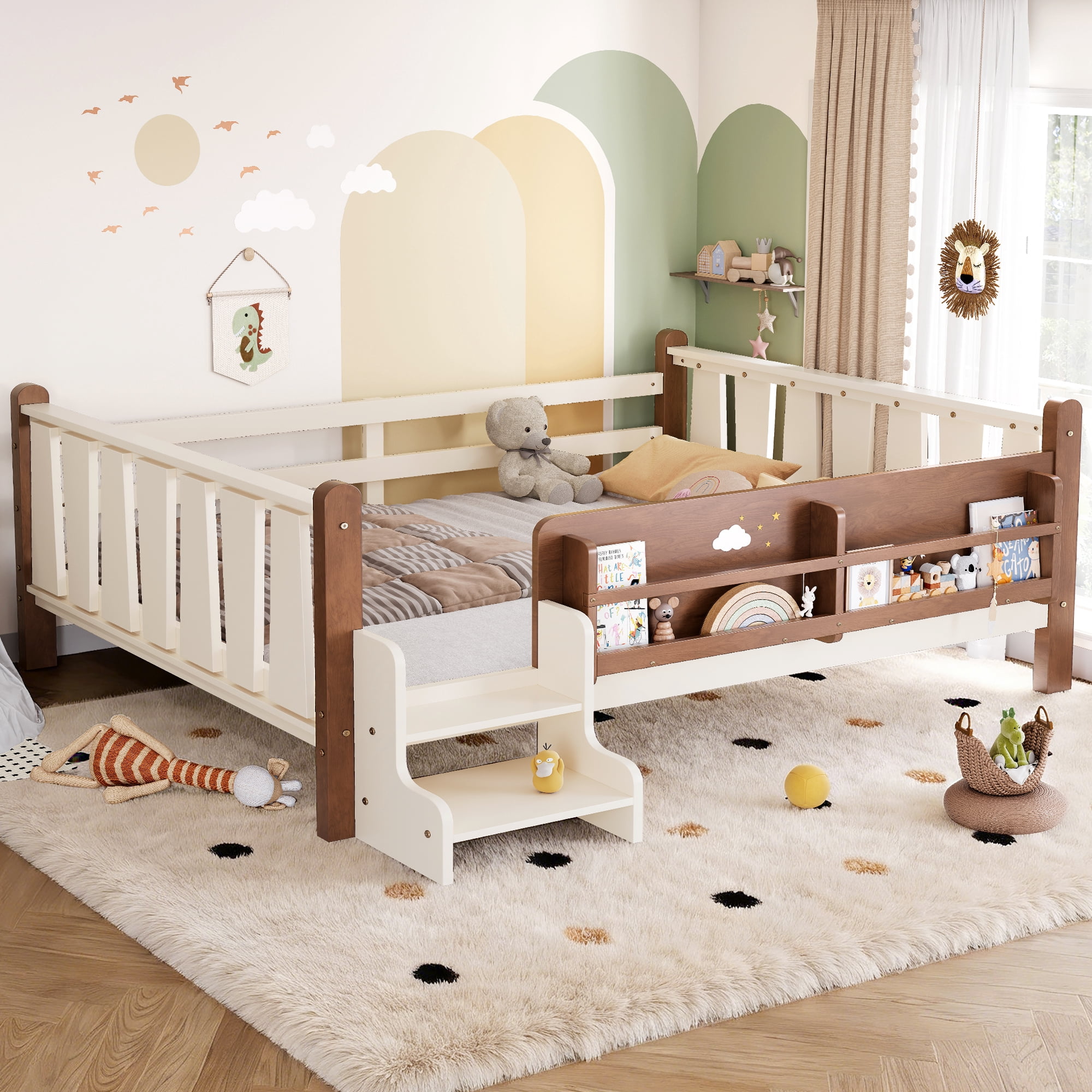Miniyam Full Size Kids Floor Bed with Guardrails and Bookshelves, Pine Wood & MDF Frame, Easy Access Step Ladder, Beige