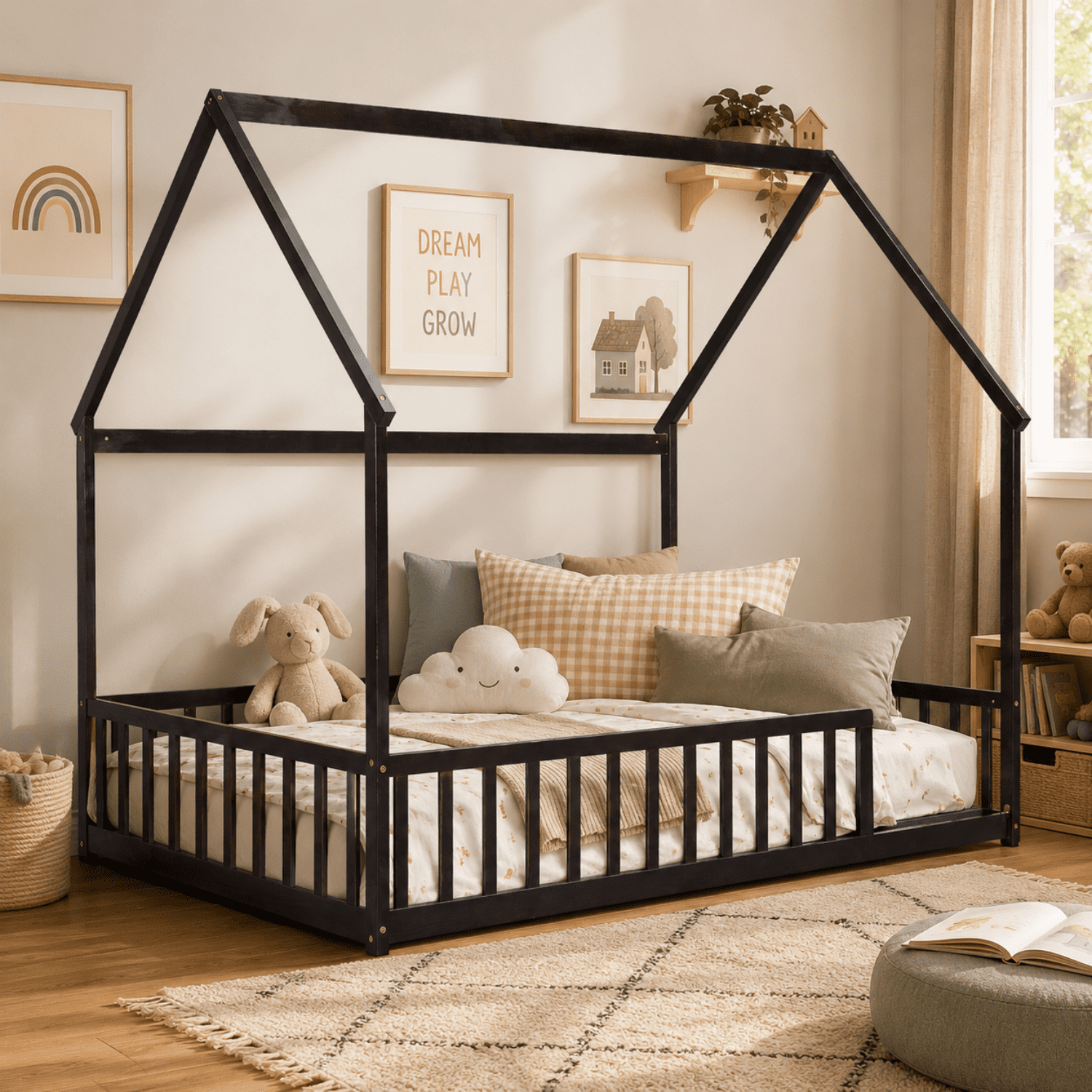 Miniyam Full Size Kids House Floor Bed with Fence, Wood Montessori Bed Frame, Espresso