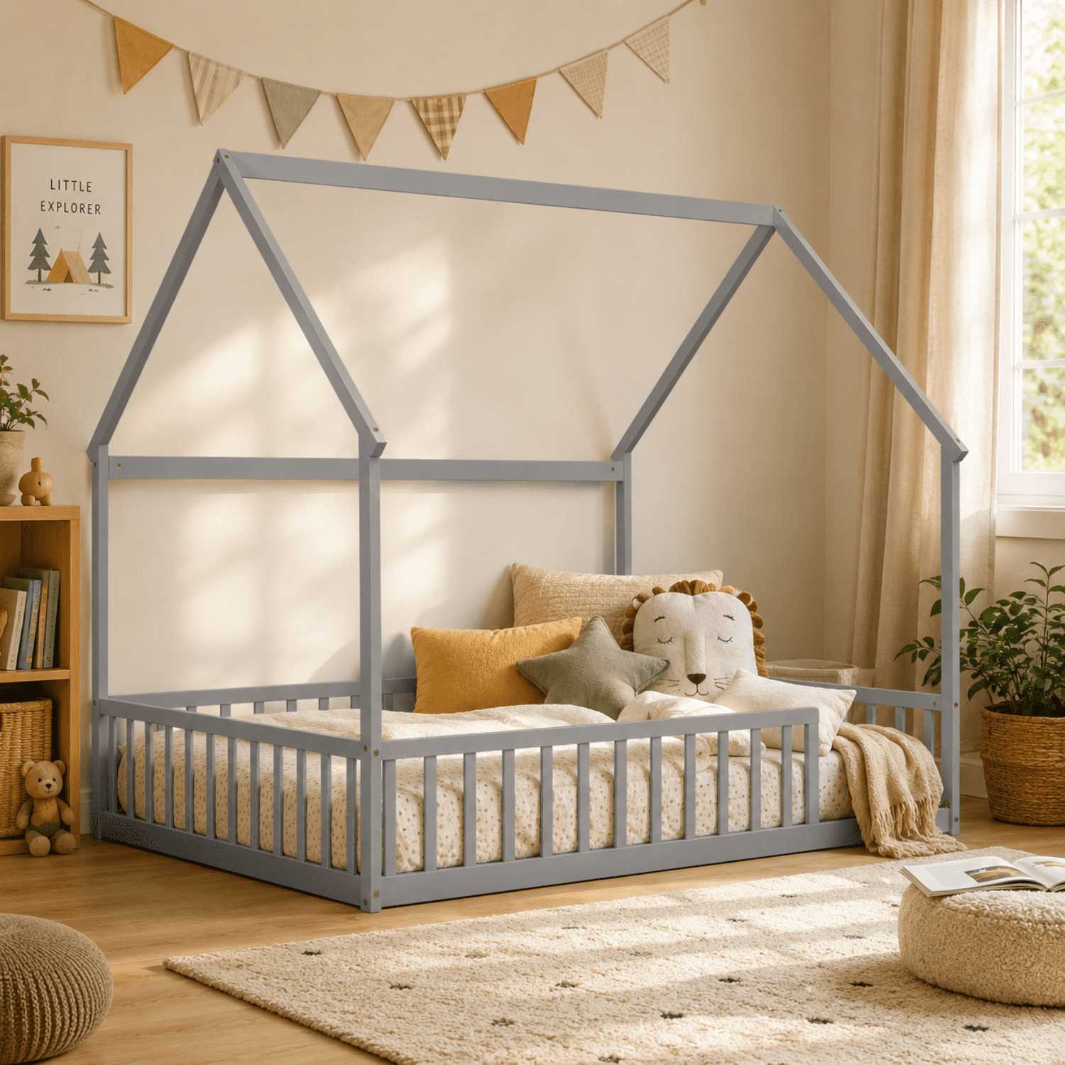 Miniyam Full Size Kids House Floor Bed with Fence, Wood Montessori Bed Frame, Gray