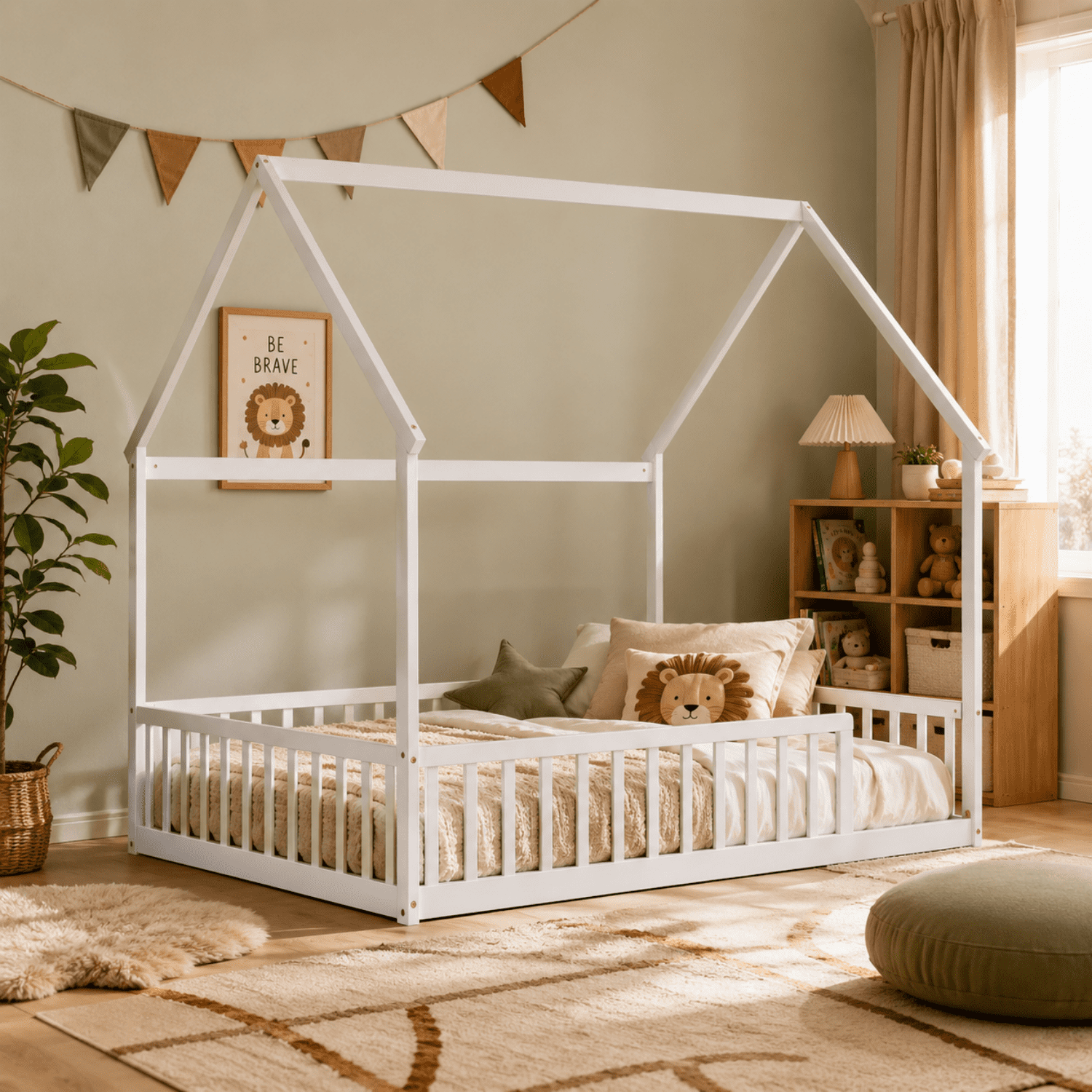 Miniyam Full Size Kids House Floor Bed with Fence, Wood Montessori Bed Frame, White