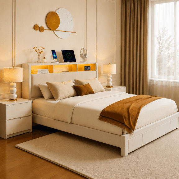 Miniyam Full Size LED Bed Frame with Upholstered Headboard, Charging Station and Footboard Drawer, Beige
