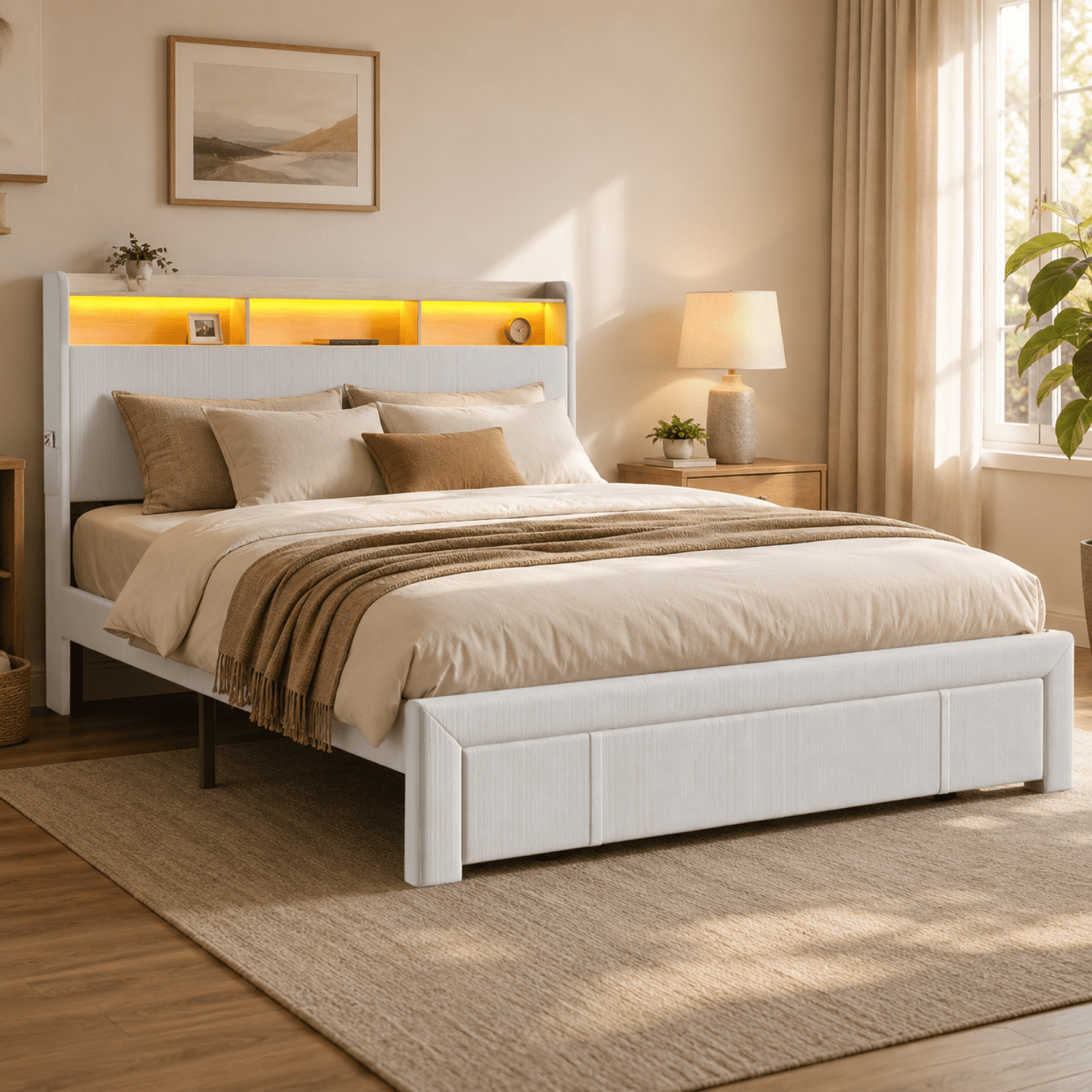 Miniyam Full Size LED Bed Frame with Upholstered Headboard, Charging Station and Footboard Drawer, Black