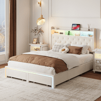 Miniyam Full Size LED Bed with Storage Drawers, Charging Ports, Velvet Headboard for Adults, Beige