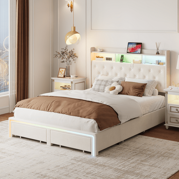 Miniyam Full Size LED Bed with Storage Drawers, Charging Ports, Velvet Headboard for Adults, Beige