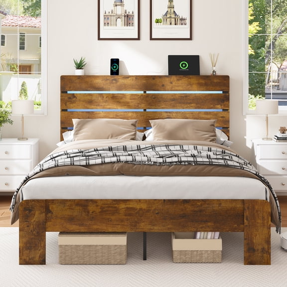 Miniyam Full Size LED Bed with Storage Headboard, USB & Type-C Charging Ports, Wood and Metal Platform Bed with Under-Bed Storage, Rustic Brown
