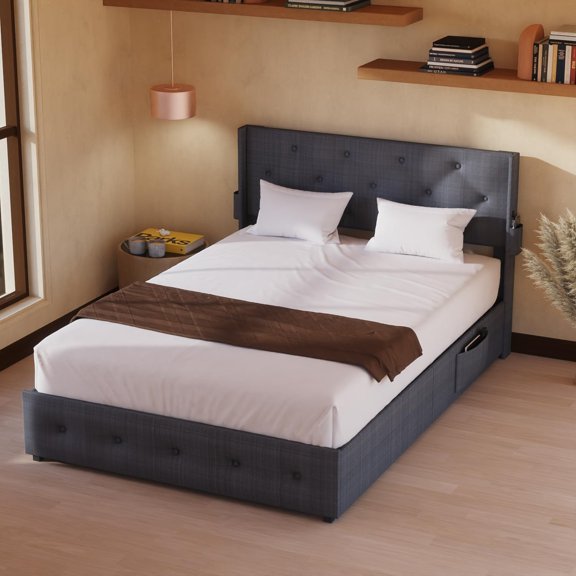 Miniyam Full Size Lift Up Bed with Wingback Headboard, USB Ports, Dark Gray