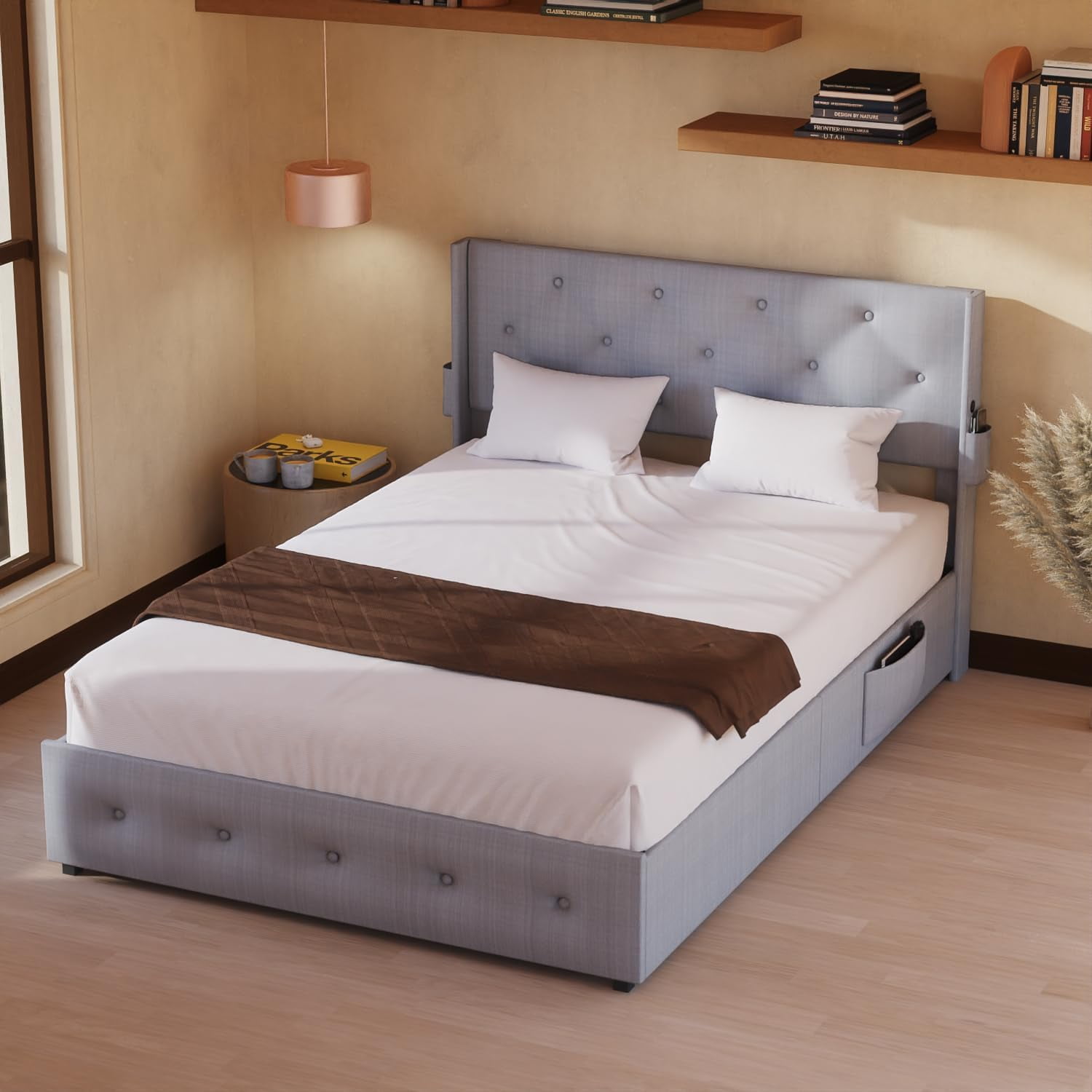 Miniyam Full Size Lift Up Bed with Wingback Headboard, USB Ports, Light Gray