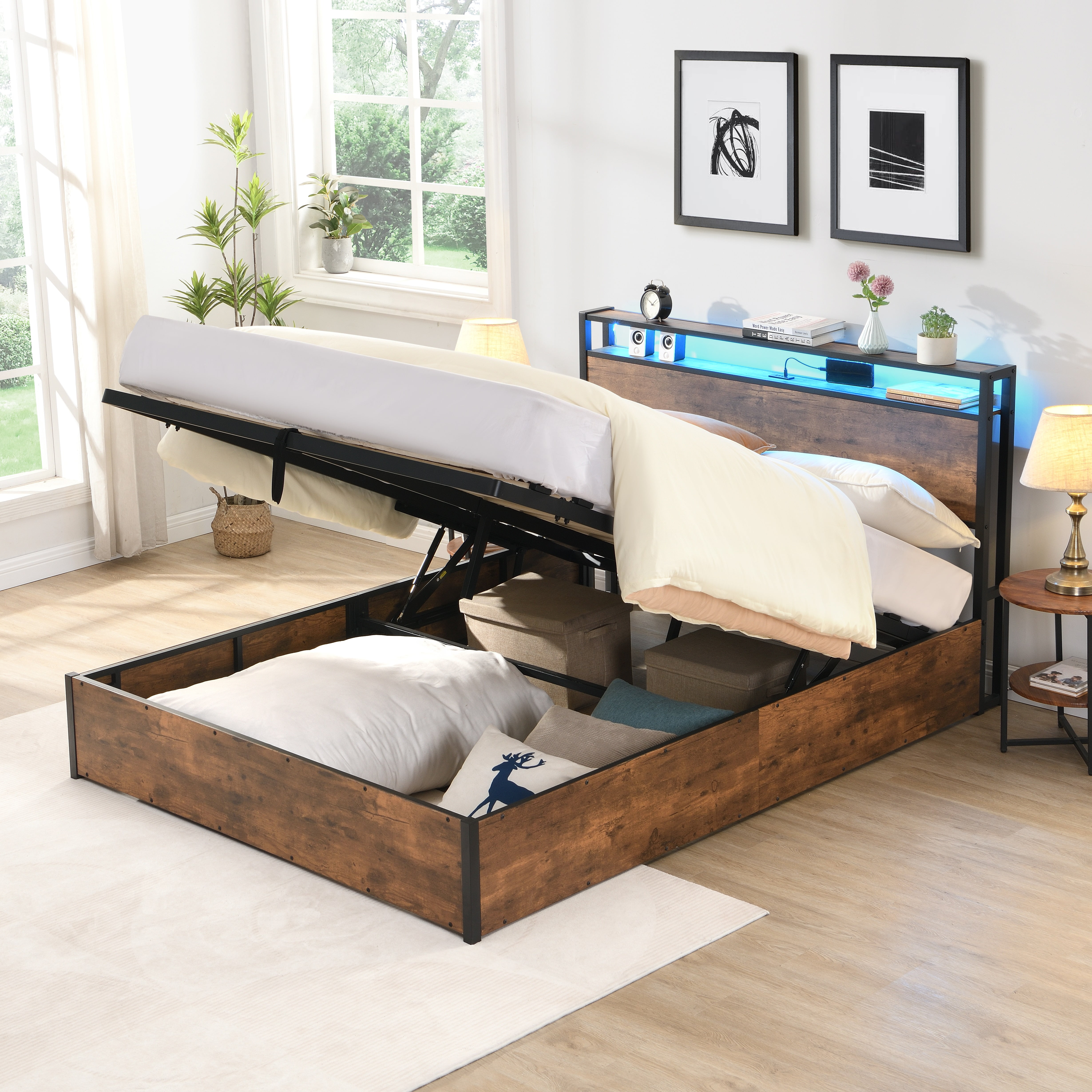 Miniyam Full Size Lift-Up Storage Bed with LED Lights, Charging Ports for Adult,Rustic Brown