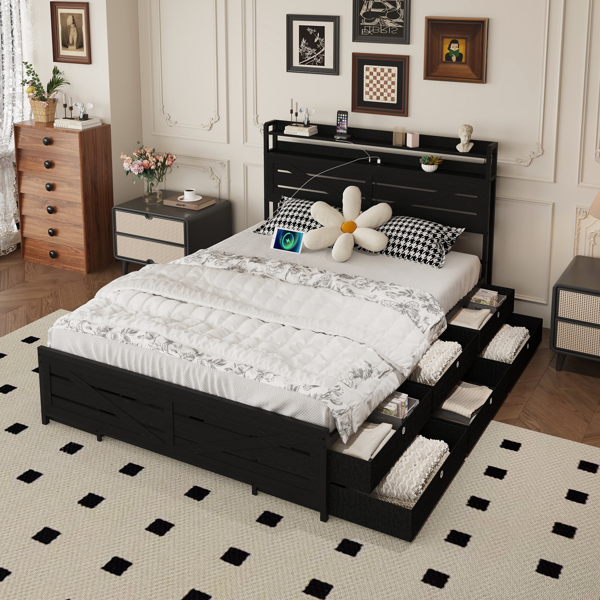 Miniyam Full Size Metal Bed Frame with Storage Drawers, Headboard with Charging Station & LED Lights, Noise-Free Platform Bed, Black