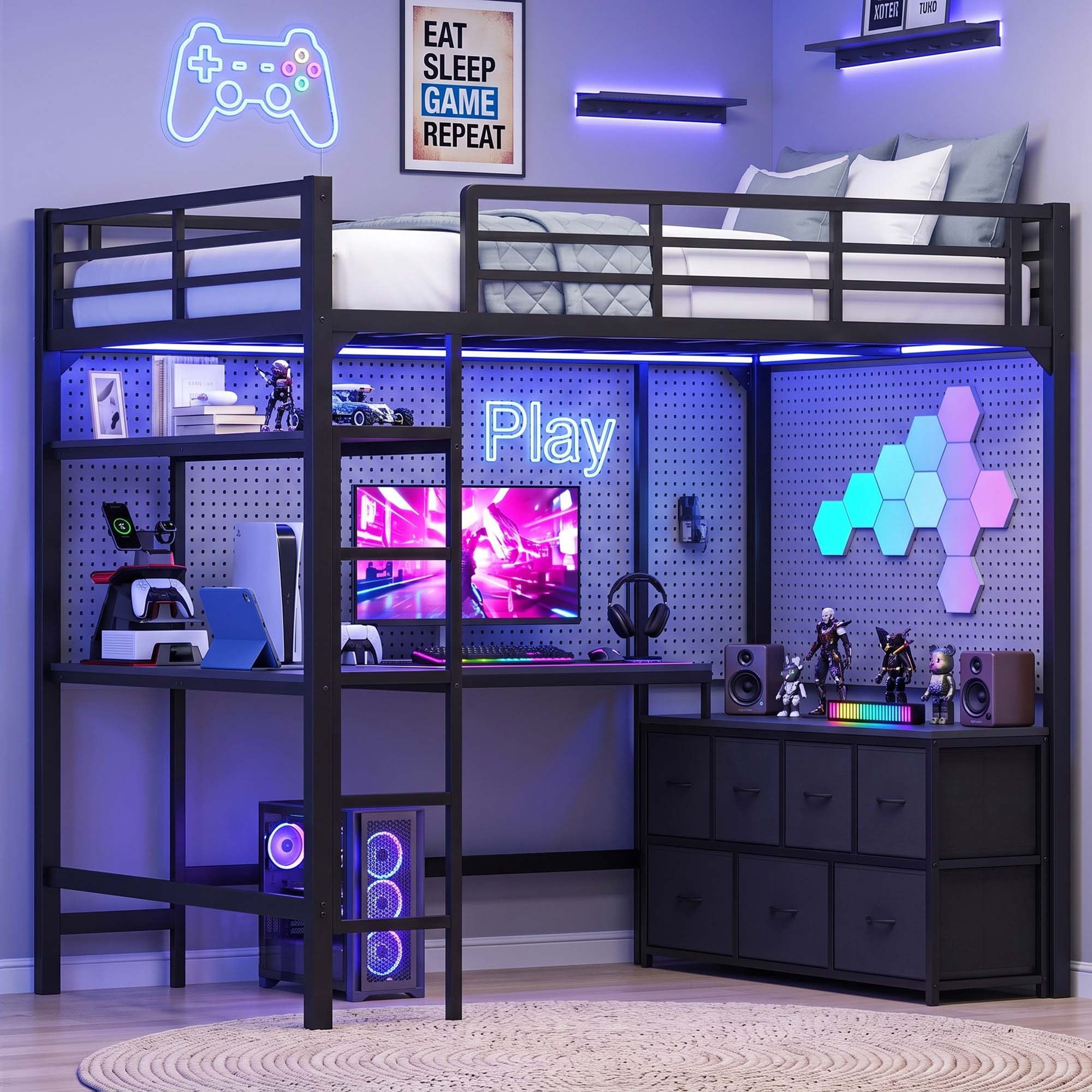 Miniyam Full Size Metal Loft Bed with Desk, 7 Drawers, LED & Charging Station, Black