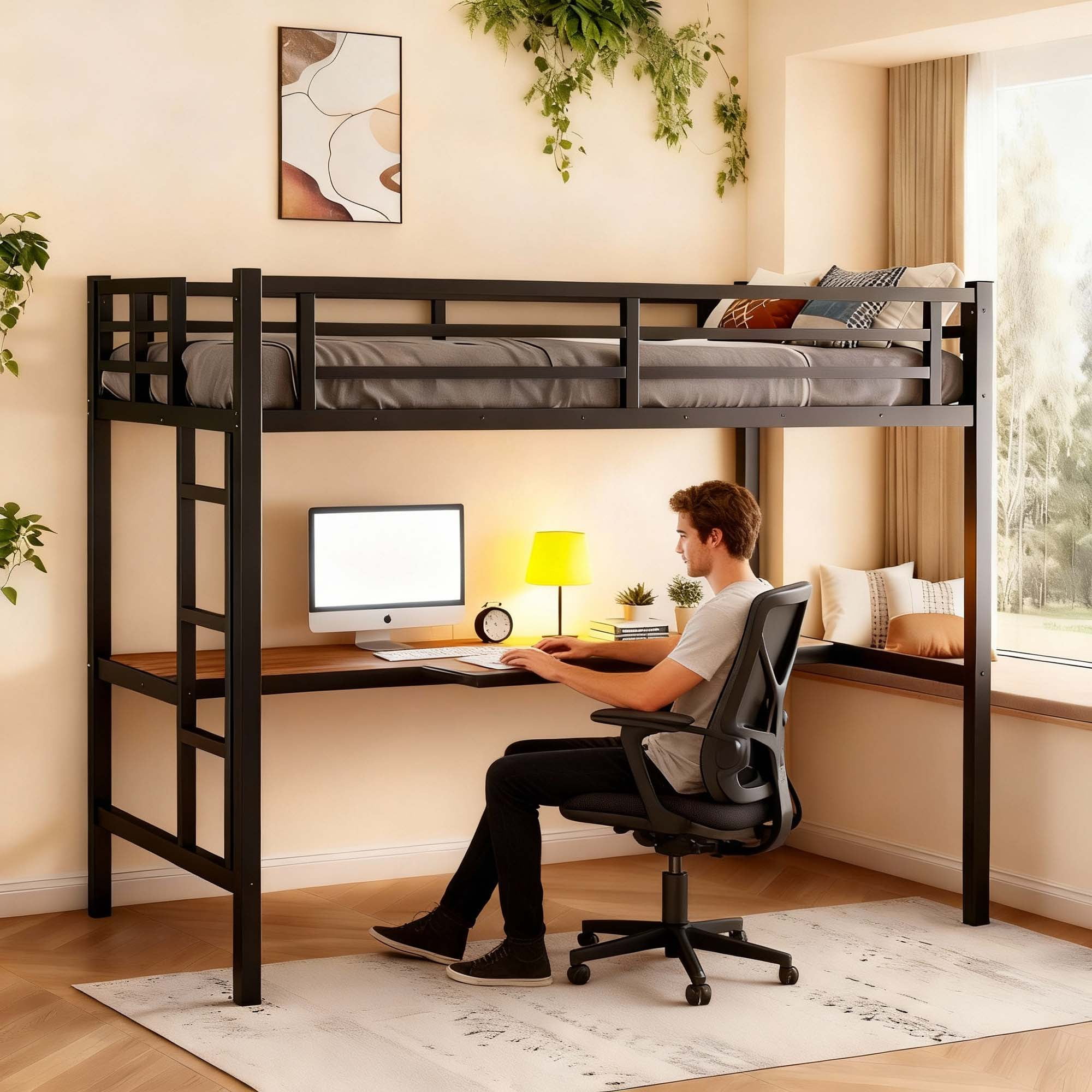 Miniyam Twin XL Metal Loft Bed Frame with Gaming-Friendly Desk & LED Light, Black