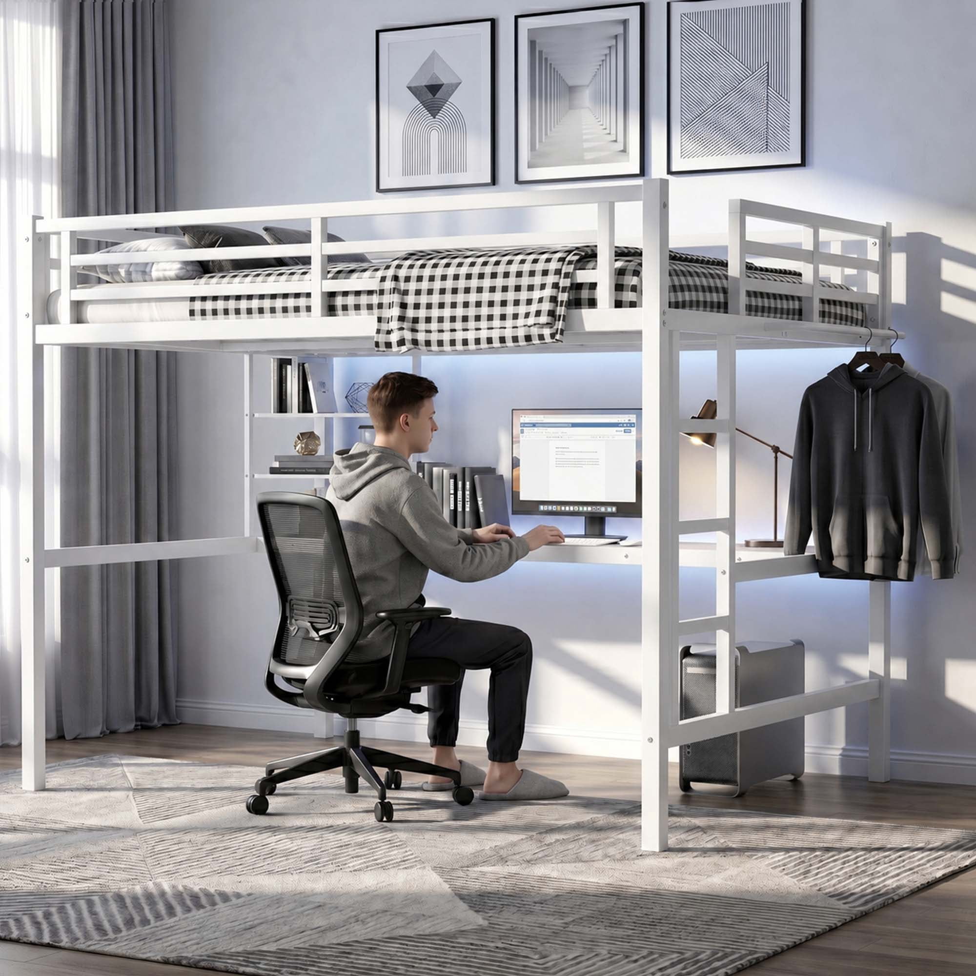 Miniyam Full Size Metal Loft Bed with Desk and Storage Shelf,Charging Station and LED Lights,White