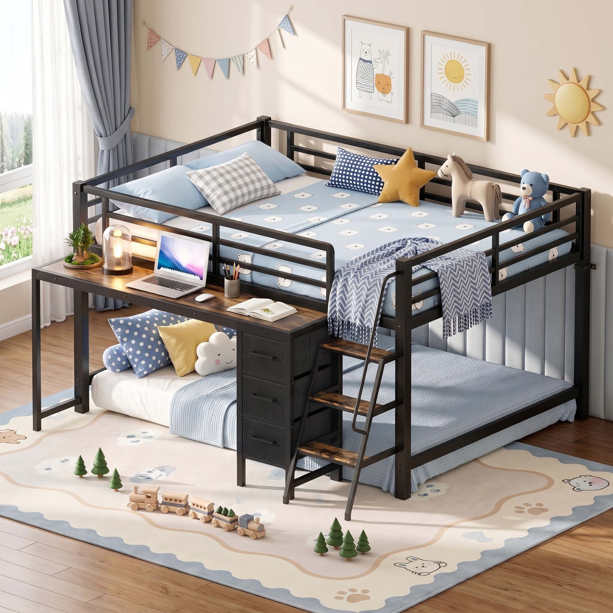 Miniyam Full Size Metal Low Loft Bed with Desk and 3 Drawers, Charging Station and Wide Steps, Black