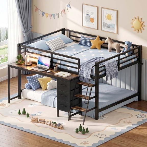 Miniyam Full Size Metal Low Loft Bed with Desk and 3 Drawers, Charging Station and Wide Steps, Black