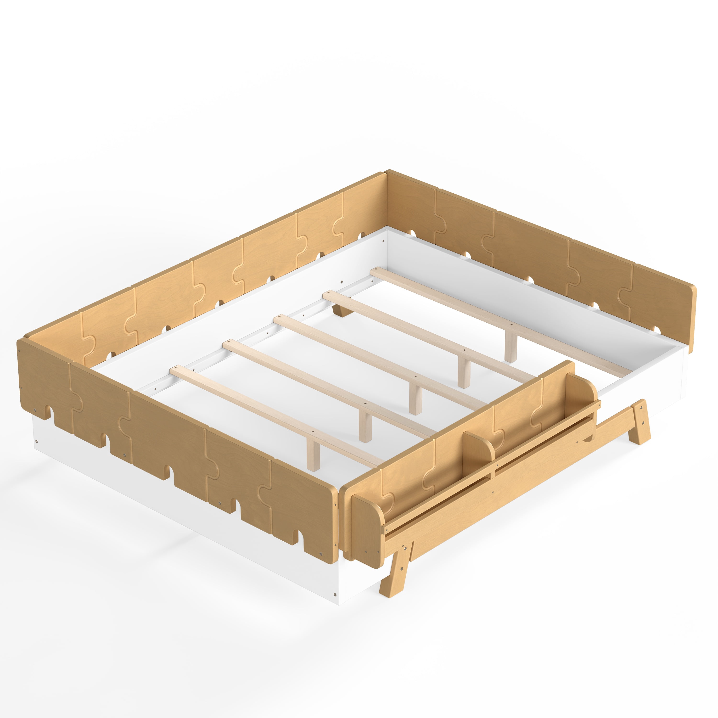 Miniyam Full Size Montessori Floor Bed, Kids Bed Frame with Guardrails and Bookshelf Storage, White & Natural