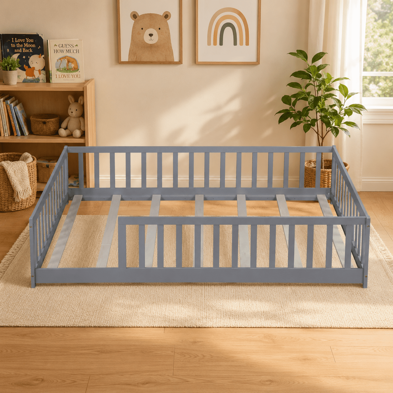 Miniyam Full Size Montessori Kids Floor Bed Frame, Wooden Bed with Fence Rails, Gray