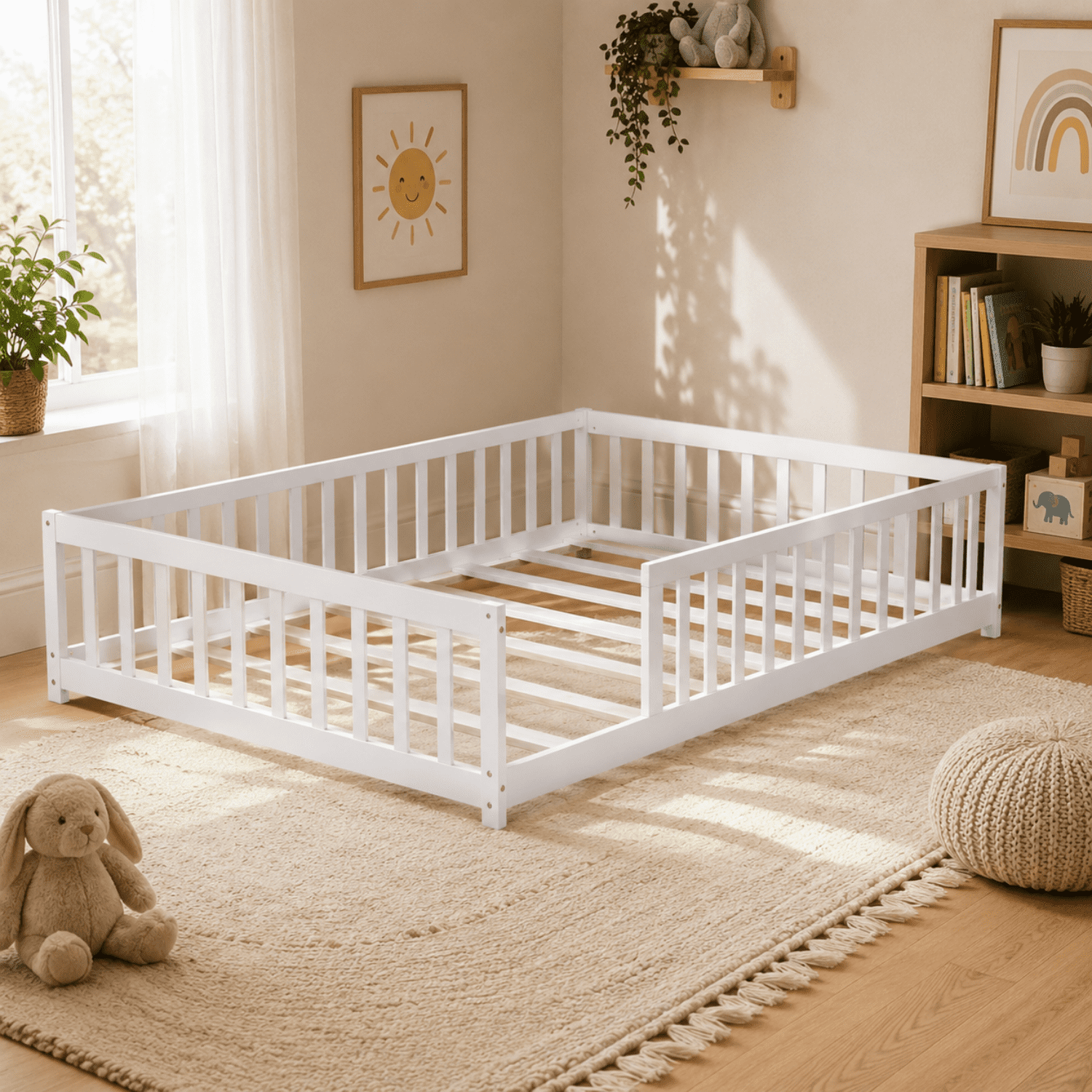 Miniyam Full Size Montessori Kids Floor Bed Frame, Wooden Bed with Fence Rails, White