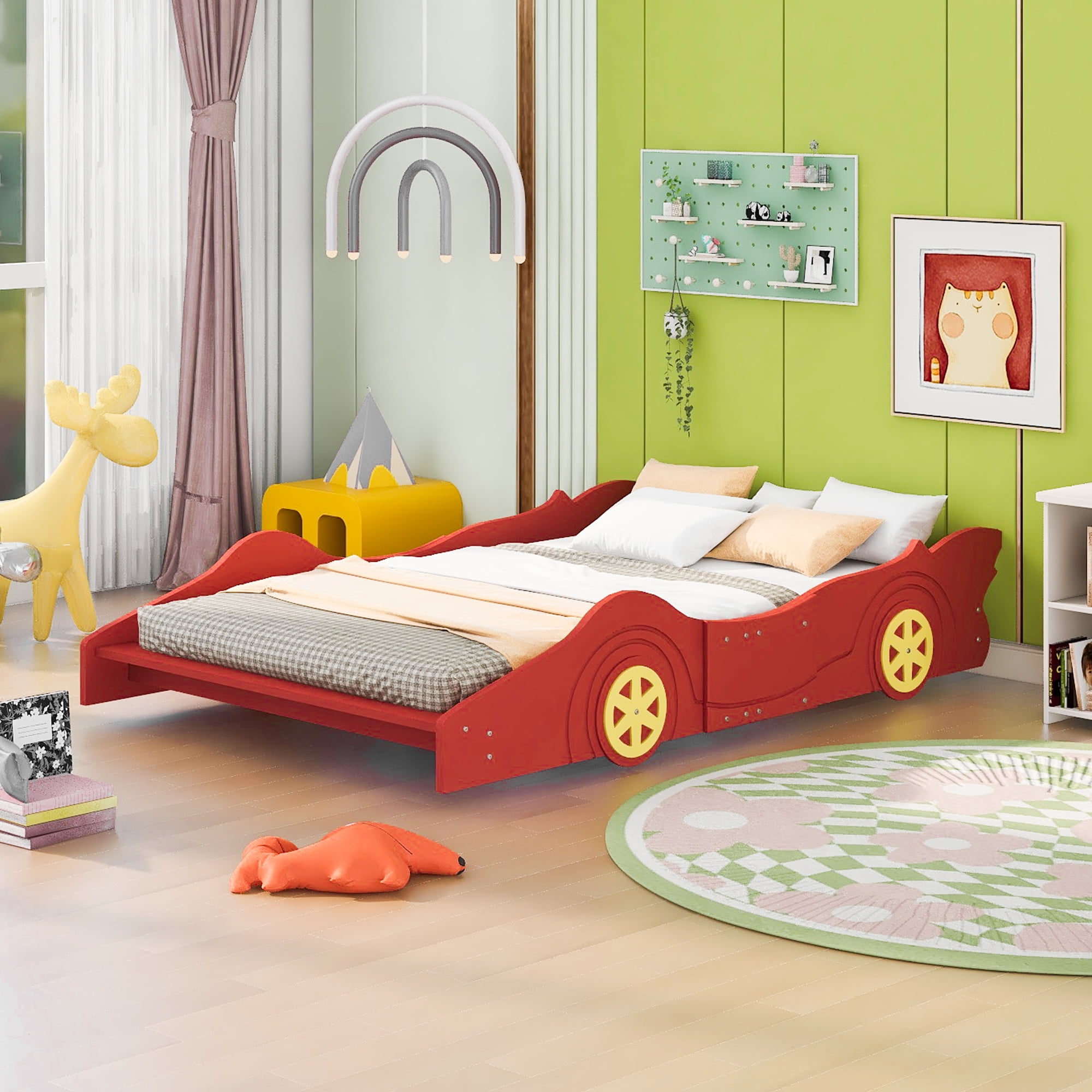 Miniyam Full Size Race Car Bed for Kids, Car-Shaped Design, Red