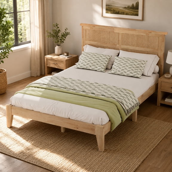 Miniyam Full Size Rubber Wood Bed Frame with Rattan-Style Woven Headboard, Natural