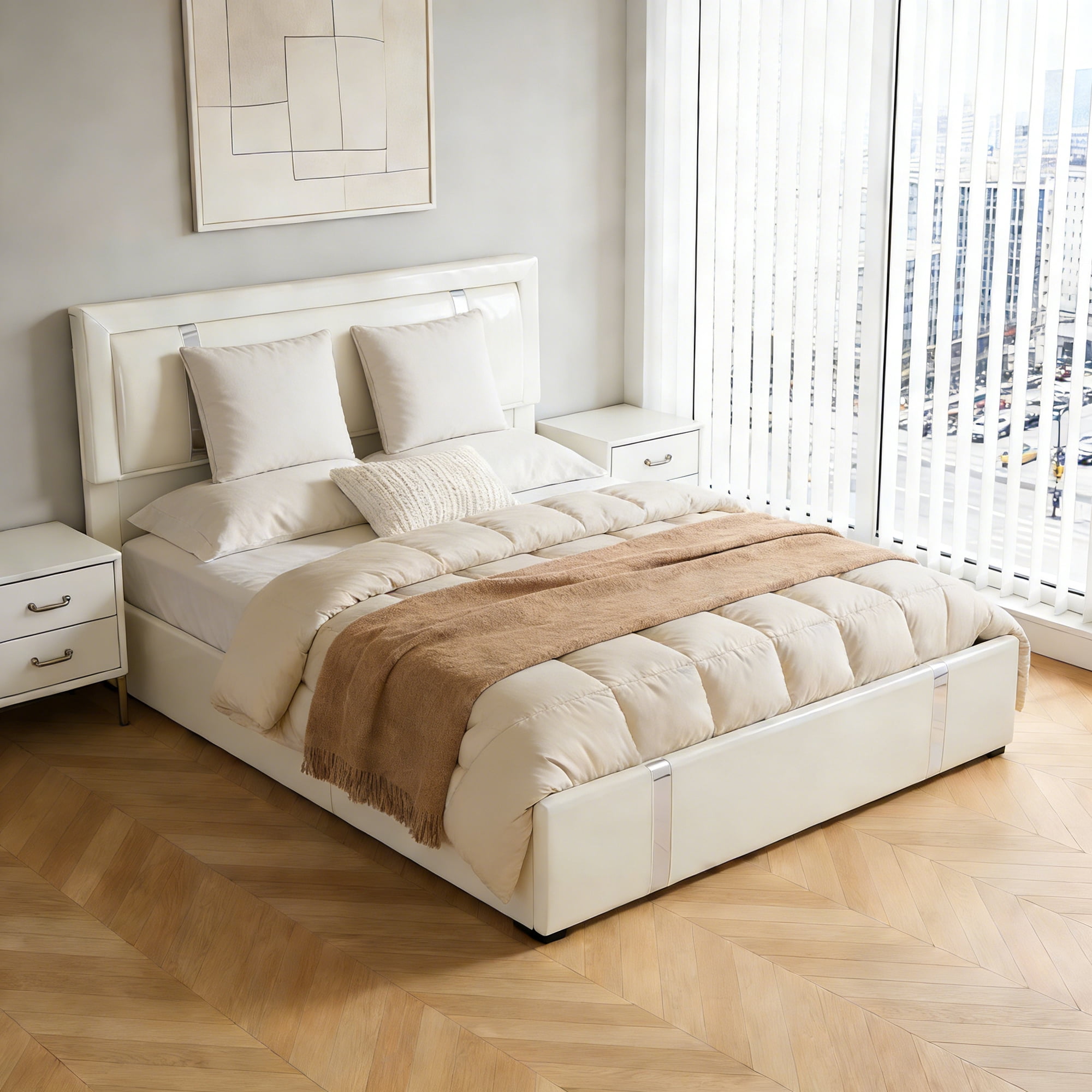Miniyam Full Size Storage Bed with LED Headboard and Charging Station, Faux Leather Upholstered Platform Bed, Lift Up Storage, White
