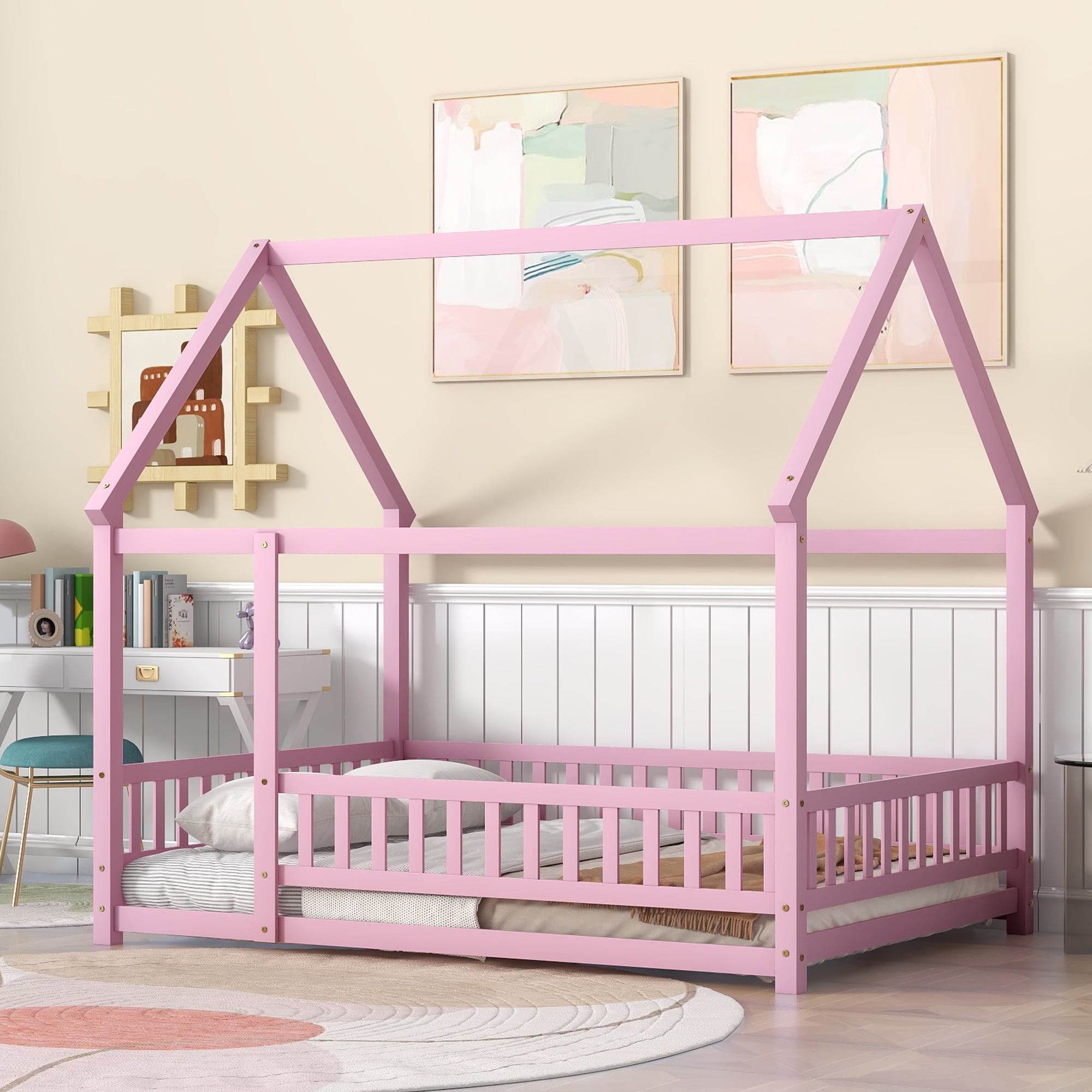 Miniyam Full Size Toddler Bed , Wood Floor House Bed with Rail for Kids, Pink