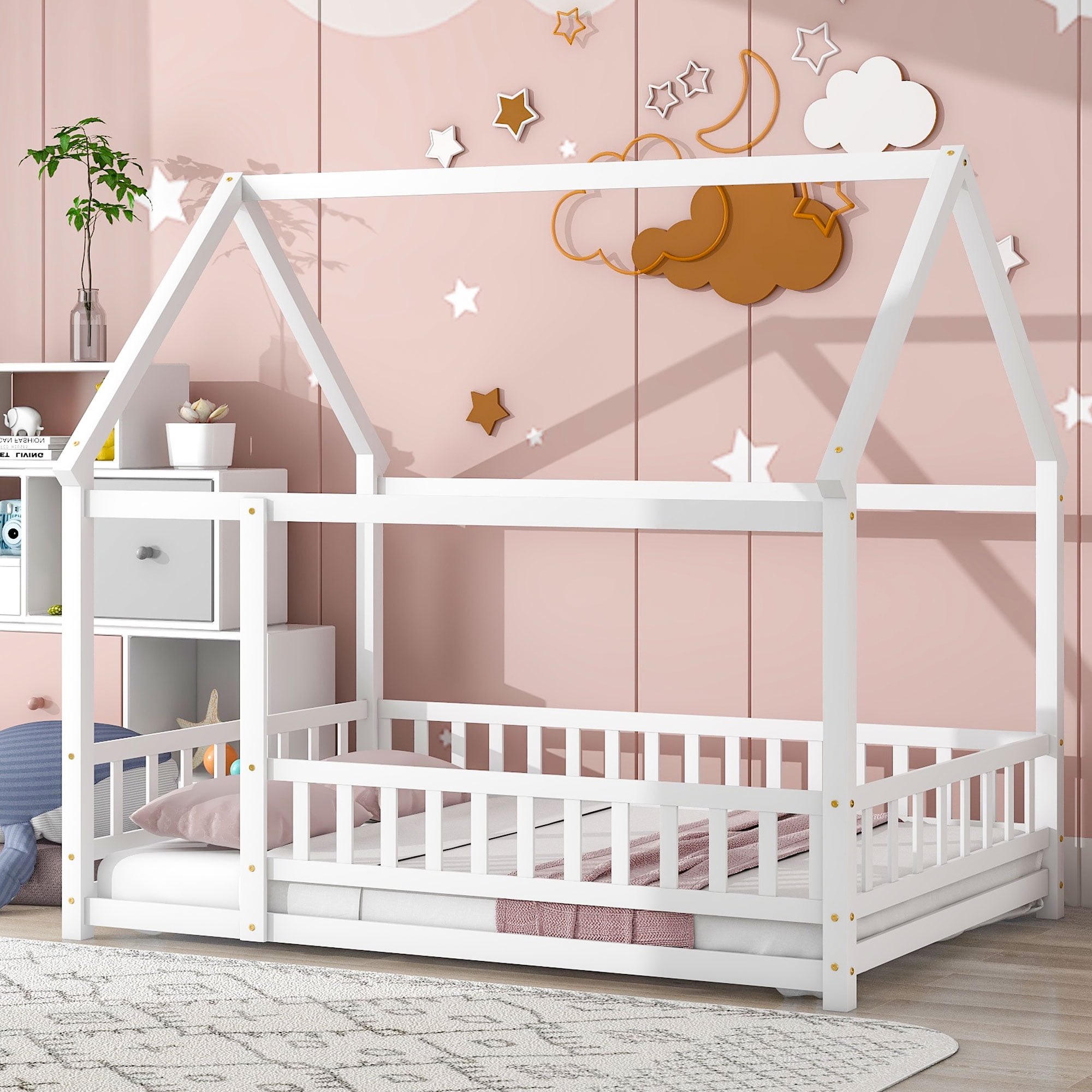 Miniyam Full Size Toddler Bed , Wood Floor House Bed with Rail for Kids, White