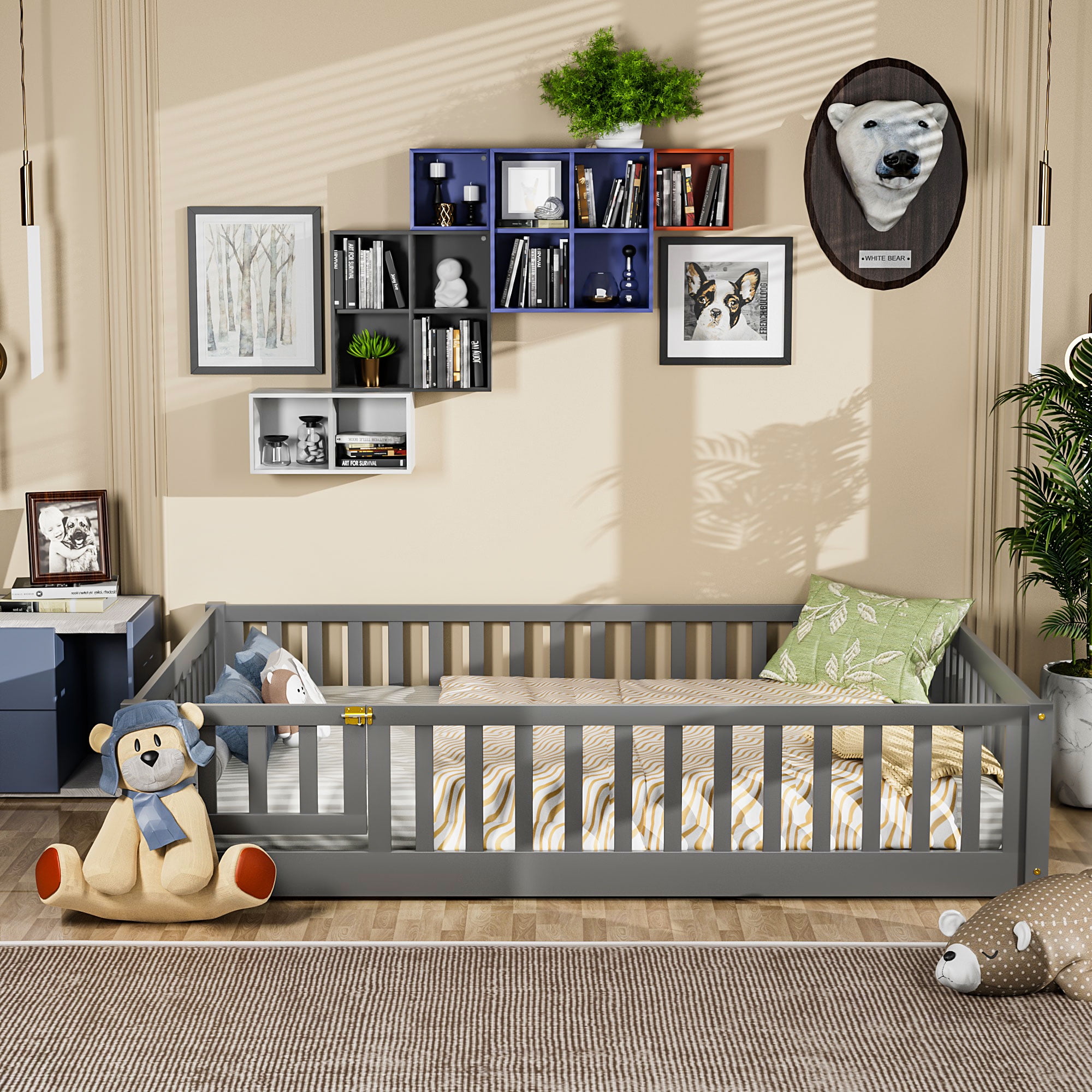 Miniyam Full Size Toddler Floor Bed with Fence, Gray