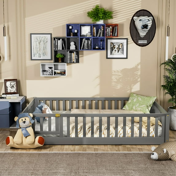 Miniyam Full Size Toddler Floor Bed with Fence, Gray