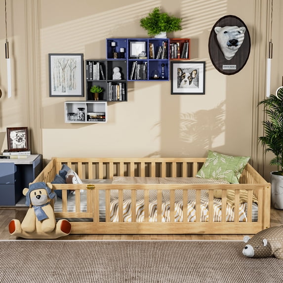 Miniyam Full Size Toddler Floor Bed with Fence, Natural