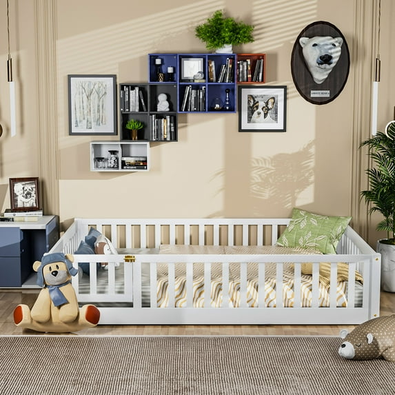 Miniyam Full Size Toddler Floor Bed with Fence, White