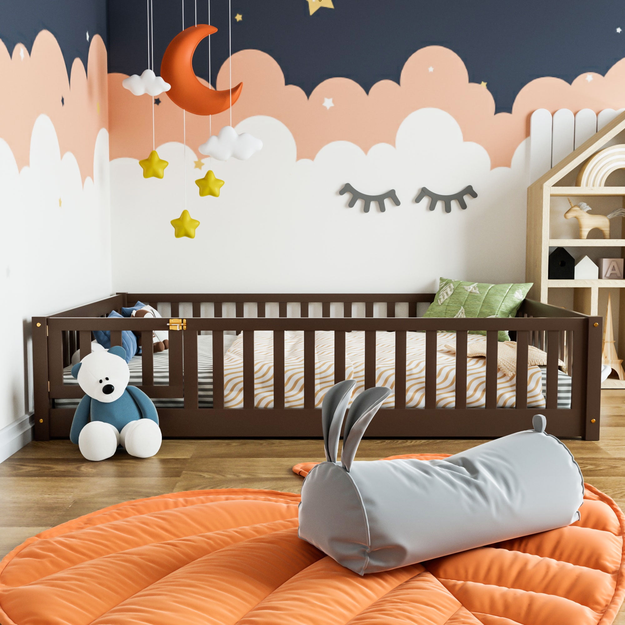 Miniyam Full Kids Floor Bed with Fence Door, Montessori Wood Platform Bed Frame with Slats, Espresso