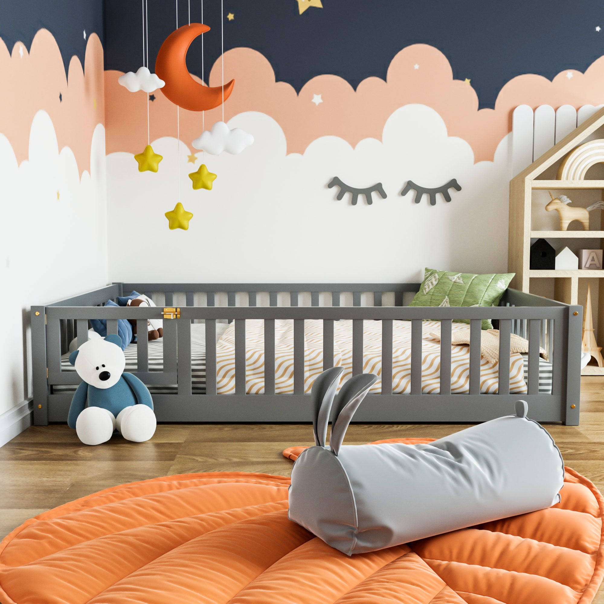 Miniyam Full Kids Floor Bed with Fence Door, Montessori Wood Platform Bed Frame with Slats, Gray