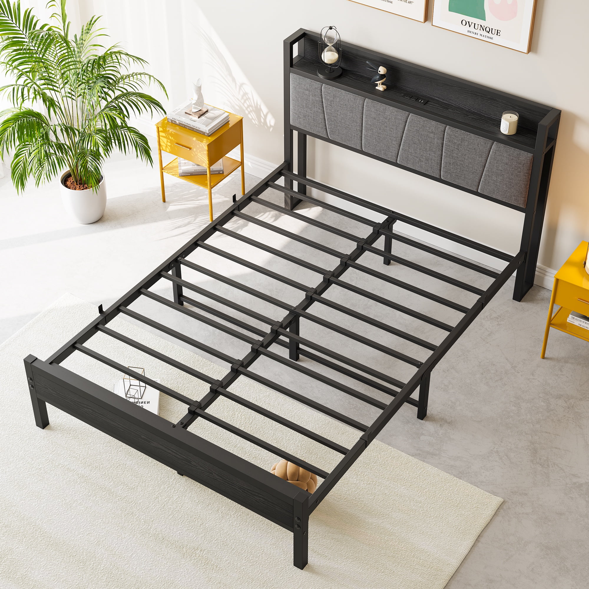 Miniyam Full Size Upholstered Bed with Storage Headboard & Charging Station for Adult, Black
