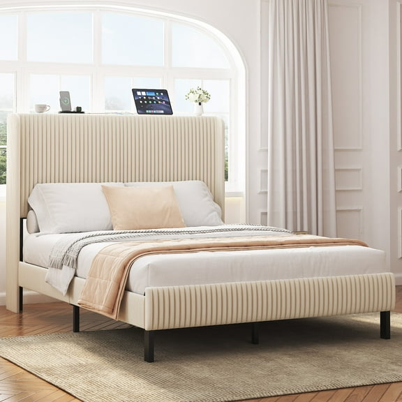 Miniyam Full Size Upholstered Platform Bed with Storage Headboard, USB Ports for Adult, Beige